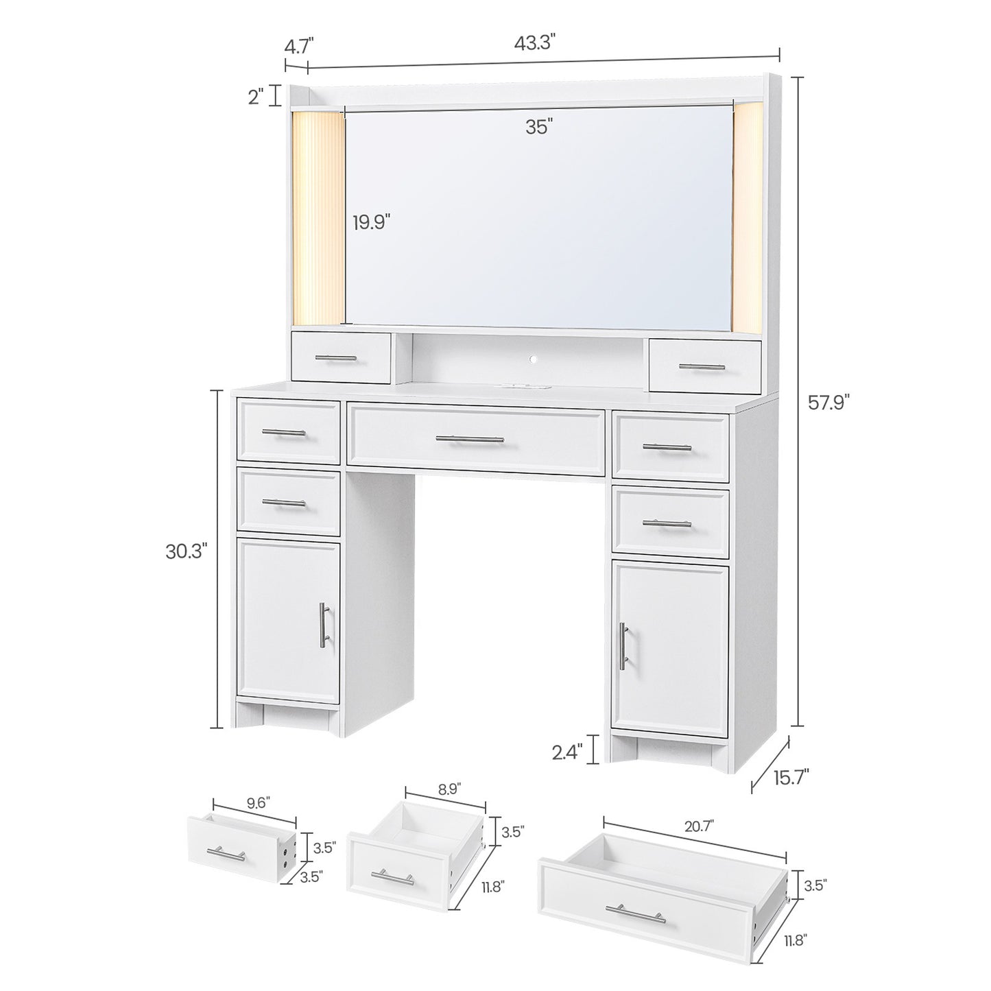 AOGLLATI 43.3 Inch Makeup Vanity Desk with Mirror and Lights White Vanity Table with 7 Storage Drawers