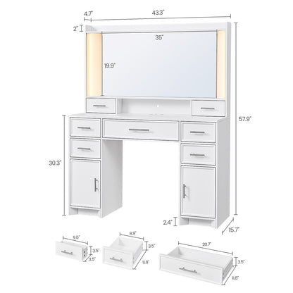 AOGLLATI 43.3 Inch Makeup Vanity Desk with Mirror and Lights White Vanity Table with 7 Storage Drawers