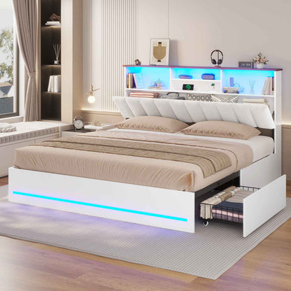 AOGLLATI King Bed Frame with 4 Storage Drawers and Charging Station Bed Frames with Stylish Bookcase Headboard and LED Lights