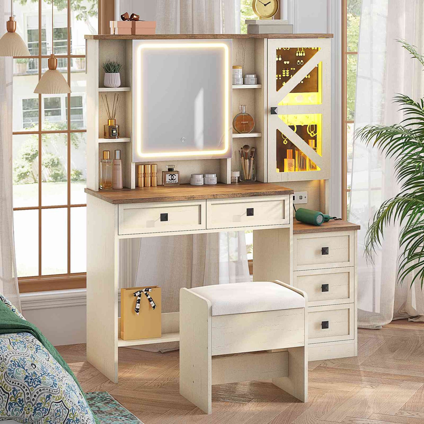 AOGLLATI Farmhouse Vanity Desk with Mirror and Lights Makeup Vanity Set with 5 Drawers and Charging Station for Bedroom