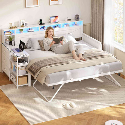AOGLLATI Daybed with Pop Up Trundle and 3 Storage Drawers Farmhouse Corner Bed Frame with Charging Station LED Lights
