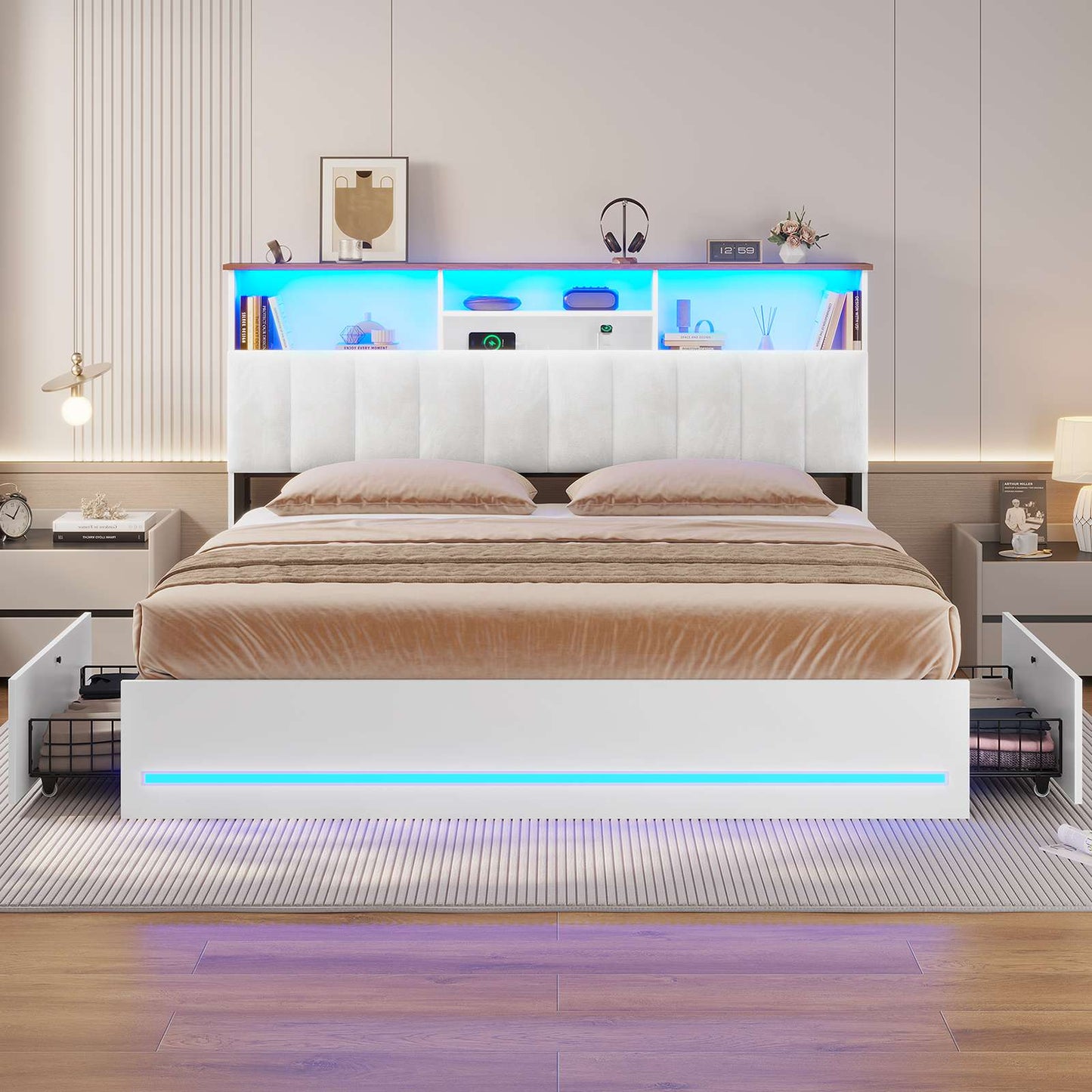 AOGLLATI King Bed Frame with 4 Storage Drawers and Charging Station Bed Frames with Stylish Bookcase Headboard and LED Lights