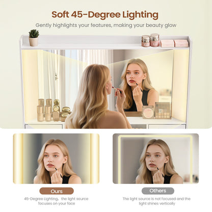 AOGLLATI 43.3 Inch Makeup Vanity Desk with Mirror and Lights White Vanity Table with 7 Storage Drawers