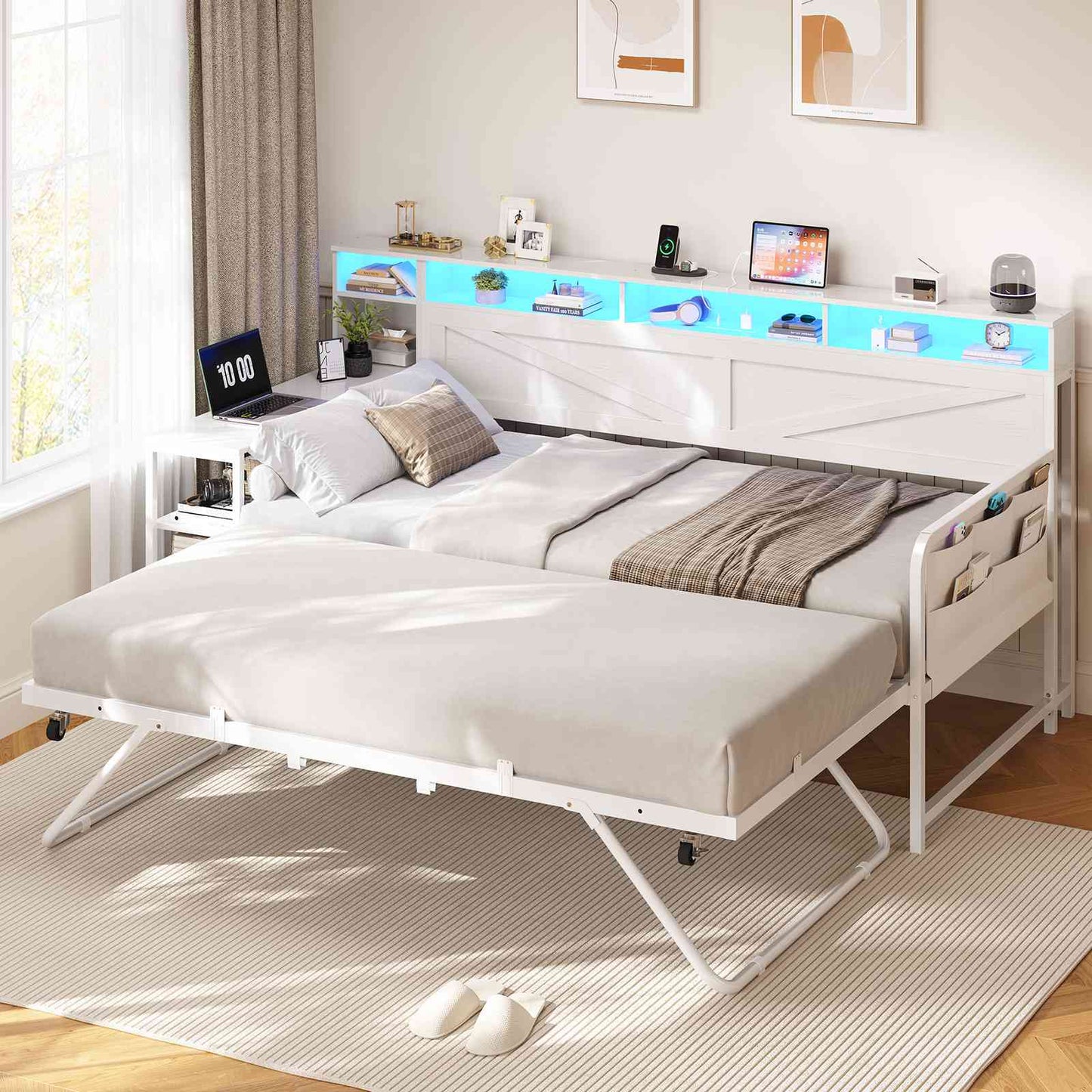AOGLLATI Daybed with Pop Up Trundle and 3 Storage Drawers Farmhouse Corner Bed Frame with Charging Station LED Lights