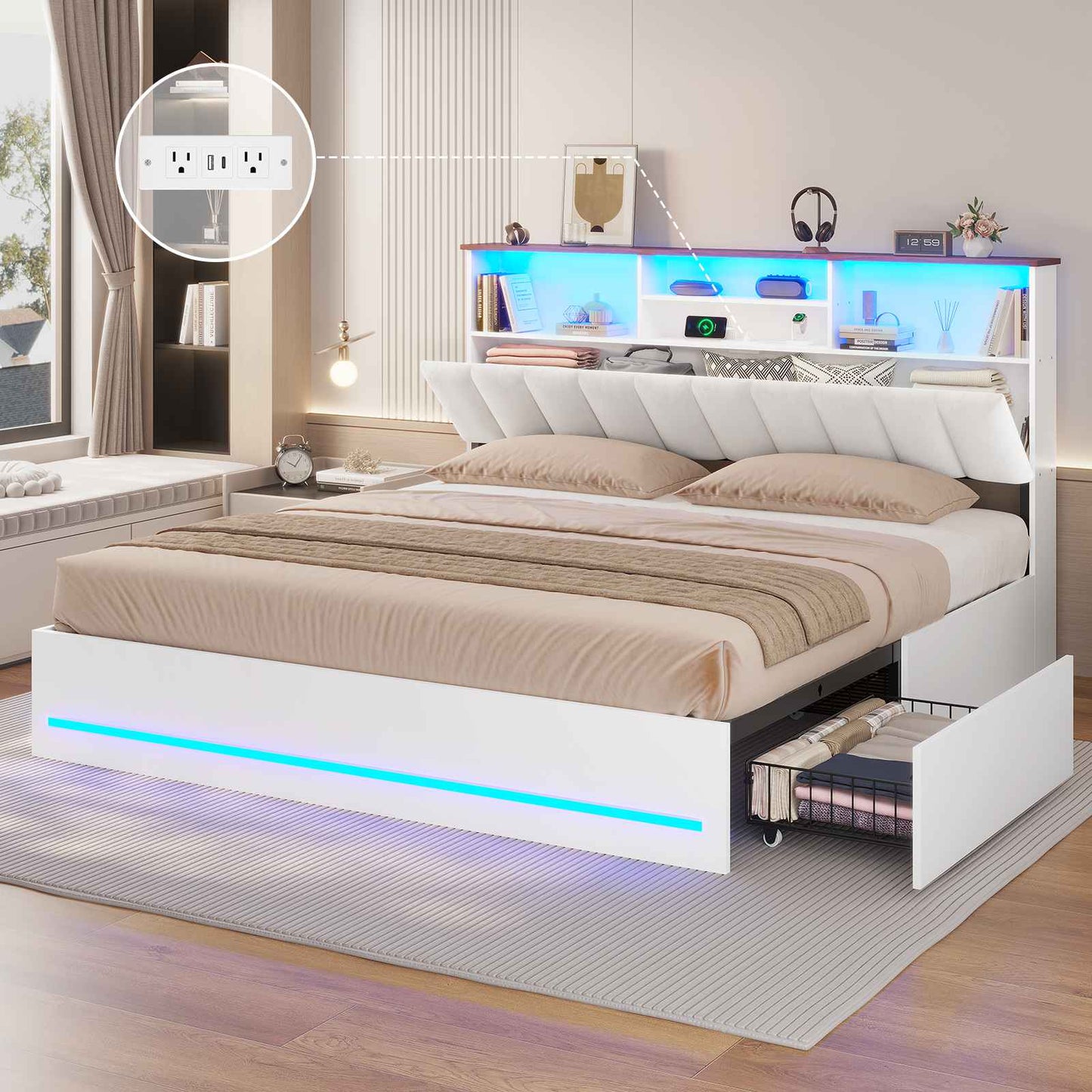 AOGLLATI King Bed Frame with 4 Storage Drawers and Charging Station Bed Frames with Stylish Bookcase Headboard and LED Lights