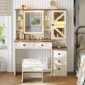 AOGLLATI Farmhouse Vanity Desk with Mirror and Lights Makeup Vanity Set with 5 Drawers and Charging Station for Bedroom