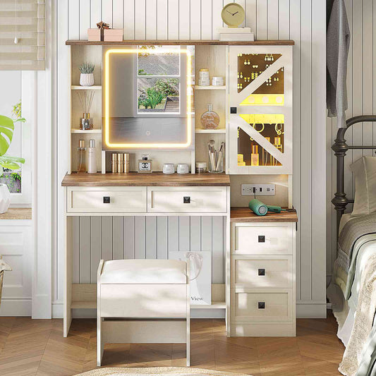 AOGLLATI Farmhouse Vanity Desk with Mirror and Lights Makeup Vanity Set with 5 Drawers and Charging Station for Bedroom