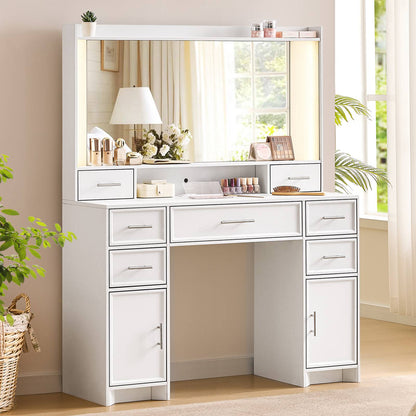 AOGLLATI 43.3 Inch Makeup Vanity Desk with Mirror and Lights White Vanity Table with 7 Storage Drawers