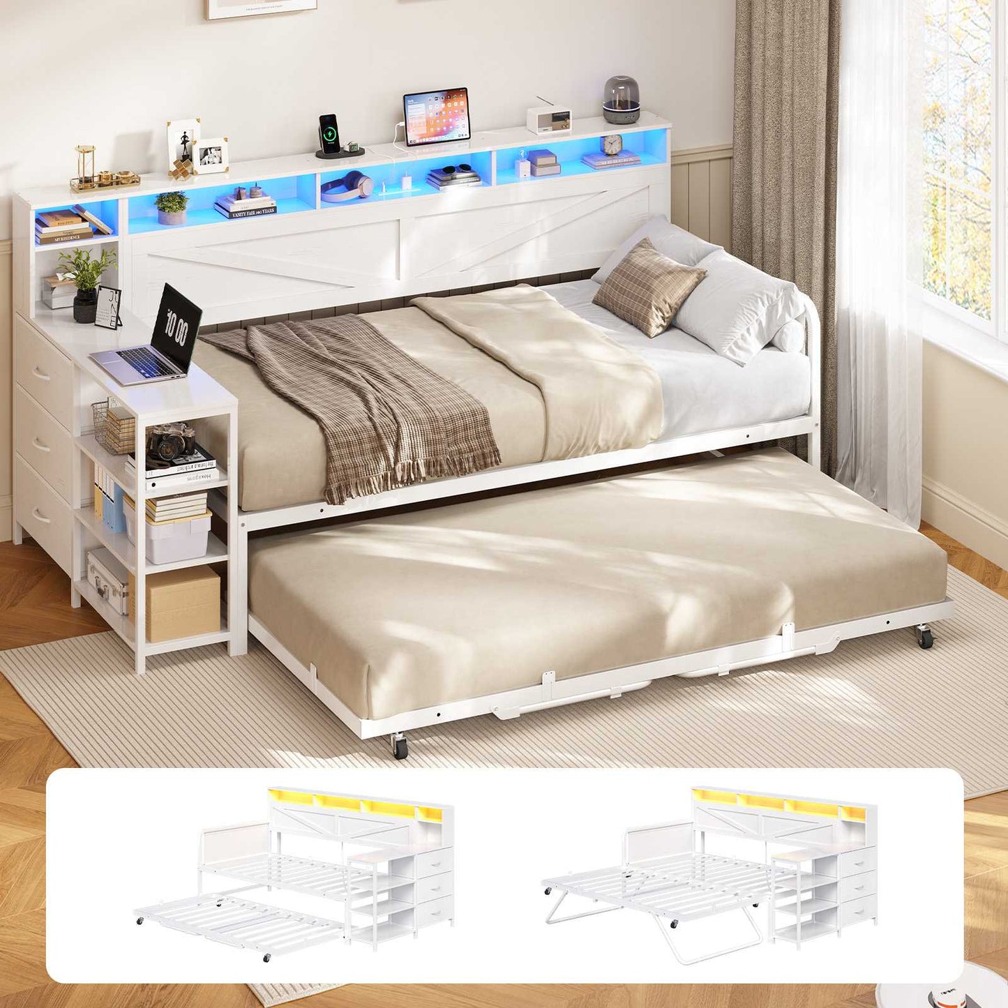 AOGLLATI Daybed with Pop Up Trundle and 3 Storage Drawers Farmhouse Corner Bed Frame with Charging Station LED Lights