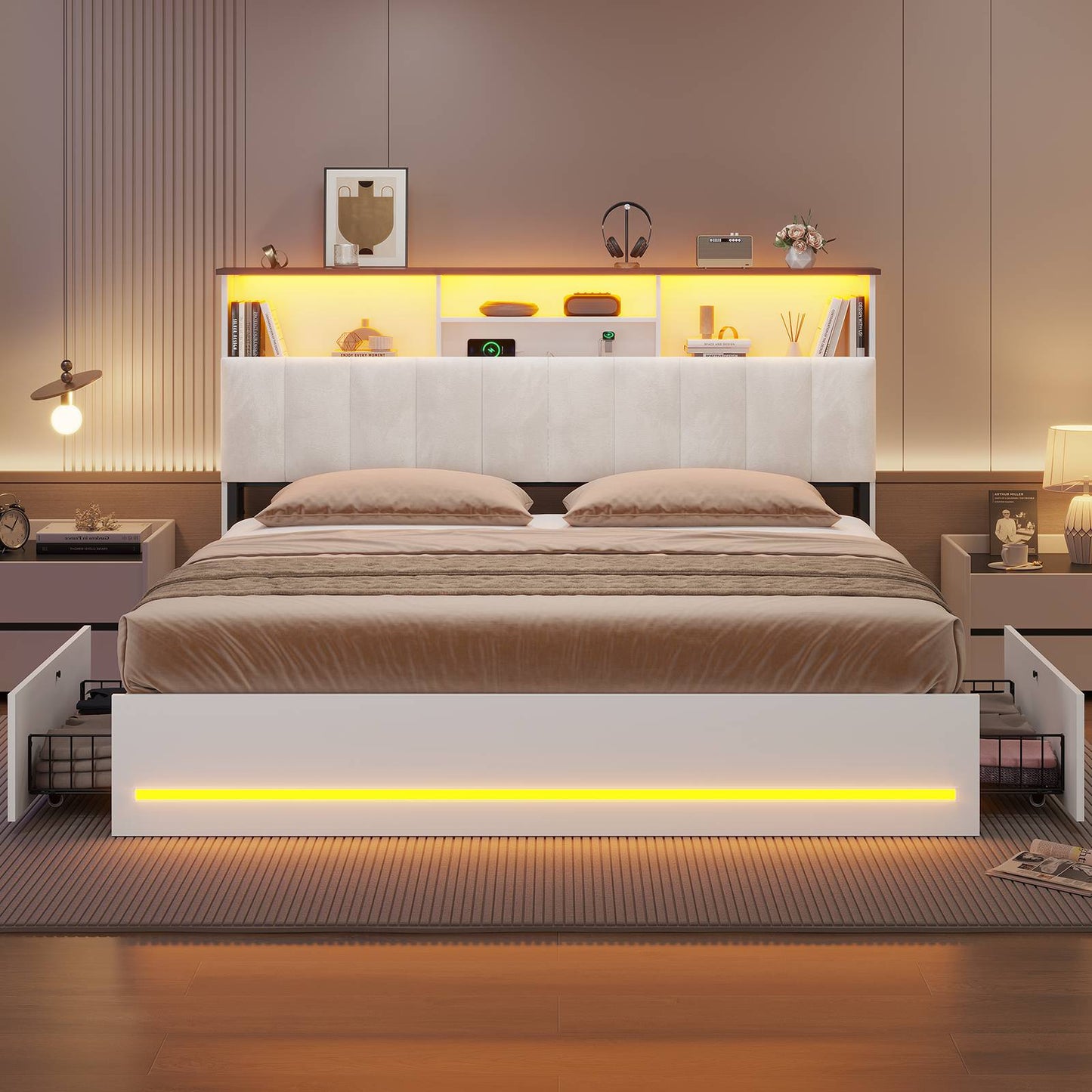 AOGLLATI King Bed Frame with 4 Storage Drawers and Charging Station Bed Frames with Stylish Bookcase Headboard and LED Lights
