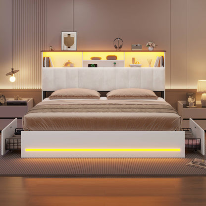 AOGLLATI King Bed Frame with 4 Storage Drawers and Charging Station Bed Frames with Stylish Bookcase Headboard and LED Lights