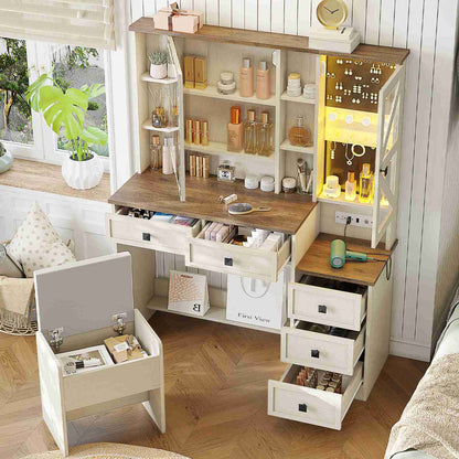 AOGLLATI Farmhouse Vanity Desk with Mirror and Lights Makeup Vanity Set with 5 Drawers and Charging Station for Bedroom