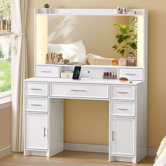 AOGLLATI 43.3" Makeup Vanity Desk with Mirror and Lights White Vanity Table with 7 Storage Drawers