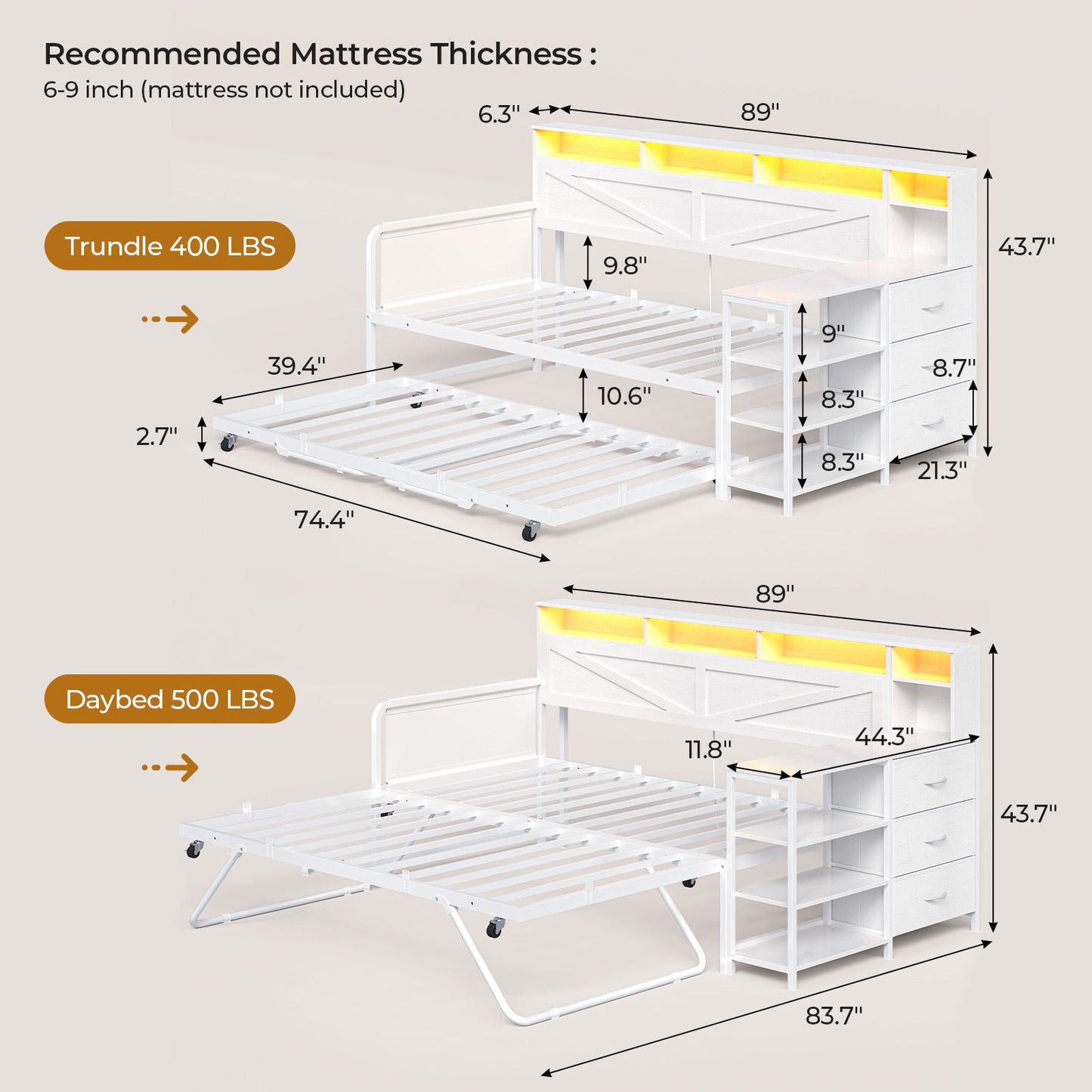 AOGLLATI Daybed with Pop Up Trundle and 3 Storage Drawers Farmhouse Corner Bed Frame with Charging Station LED Lights
