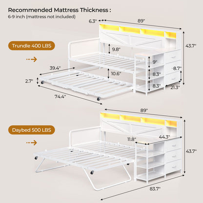 AOGLLATI Daybed with Pop Up Trundle and 3 Storage Drawers Farmhouse Corner Bed Frame with Charging Station LED Lights