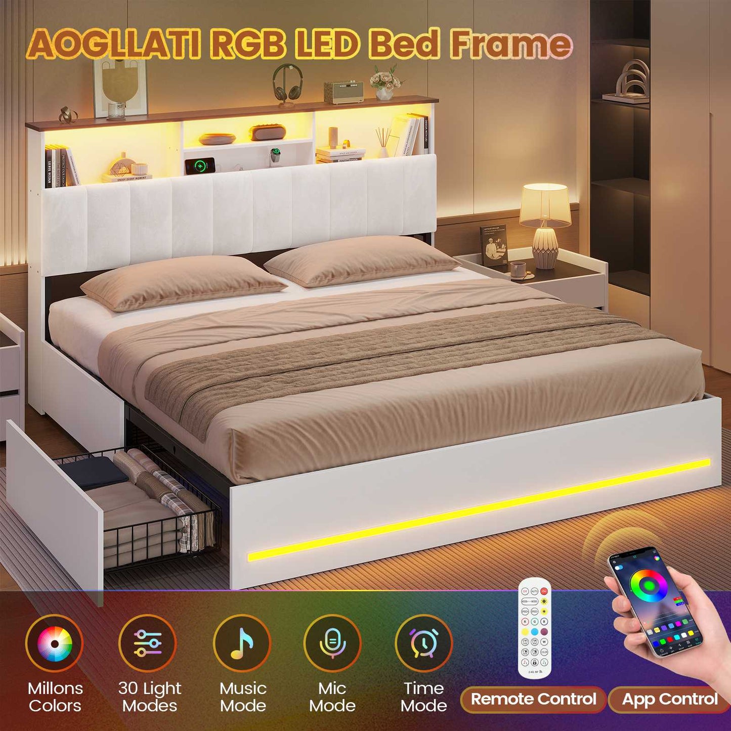 AOGLLATI King Bed Frame with 4 Storage Drawers and Charging Station Bed Frames with Stylish Bookcase Headboard and LED Lights