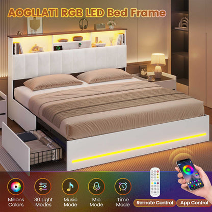 AOGLLATI King Bed Frame with 4 Storage Drawers and Charging Station Bed Frames with Stylish Bookcase Headboard and LED Lights