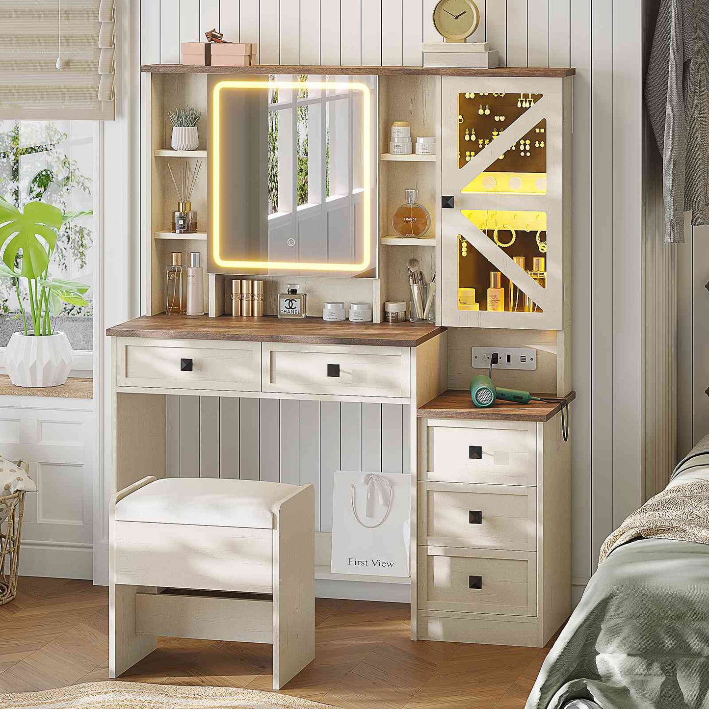 AOGLLATI Farmhouse Vanity Desk with Mirror and Lights Makeup Vanity Set with 5 Drawers and Charging Station for Bedroom