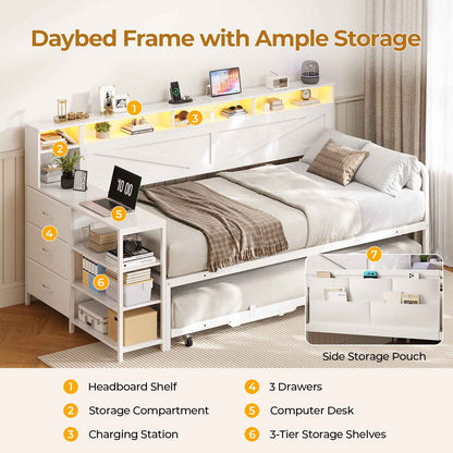 AOGLLATI Daybed with Pop Up Trundle and 3 Storage Drawers Farmhouse Corner Bed Frame with Charging Station LED Lights