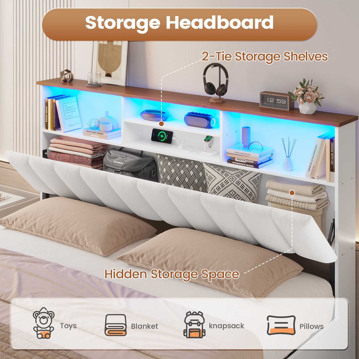 AOGLLATI King Bed Frame with 4 Storage Drawers and Charging Station Bed Frames with Stylish Bookcase Headboard and LED Lights