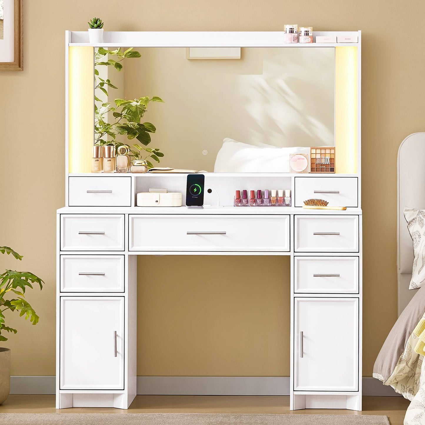 AOGLLATI 43.3 Inch Makeup Vanity Desk with Mirror and Lights White Vanity Table with 7 Storage Drawers