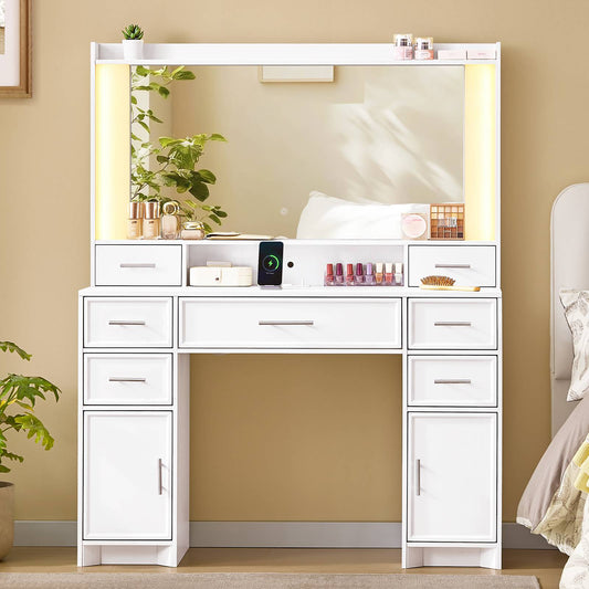AOGLLATI 43.3" Makeup Vanity Desk with Mirror and Lights White Vanity Table with 7 Storage Drawers