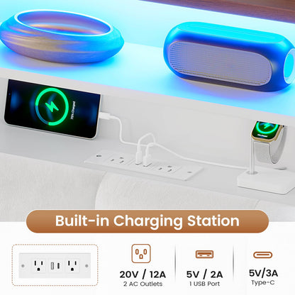 AOGLLATI King Bed Frame with 4 Storage Drawers and Charging Station Bed Frames with Stylish Bookcase Headboard and LED Lights