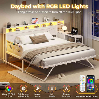 AOGLLATI Daybed with Pop Up Trundle and 3 Storage Drawers Farmhouse Corner Bed Frame with Charging Station LED Lights