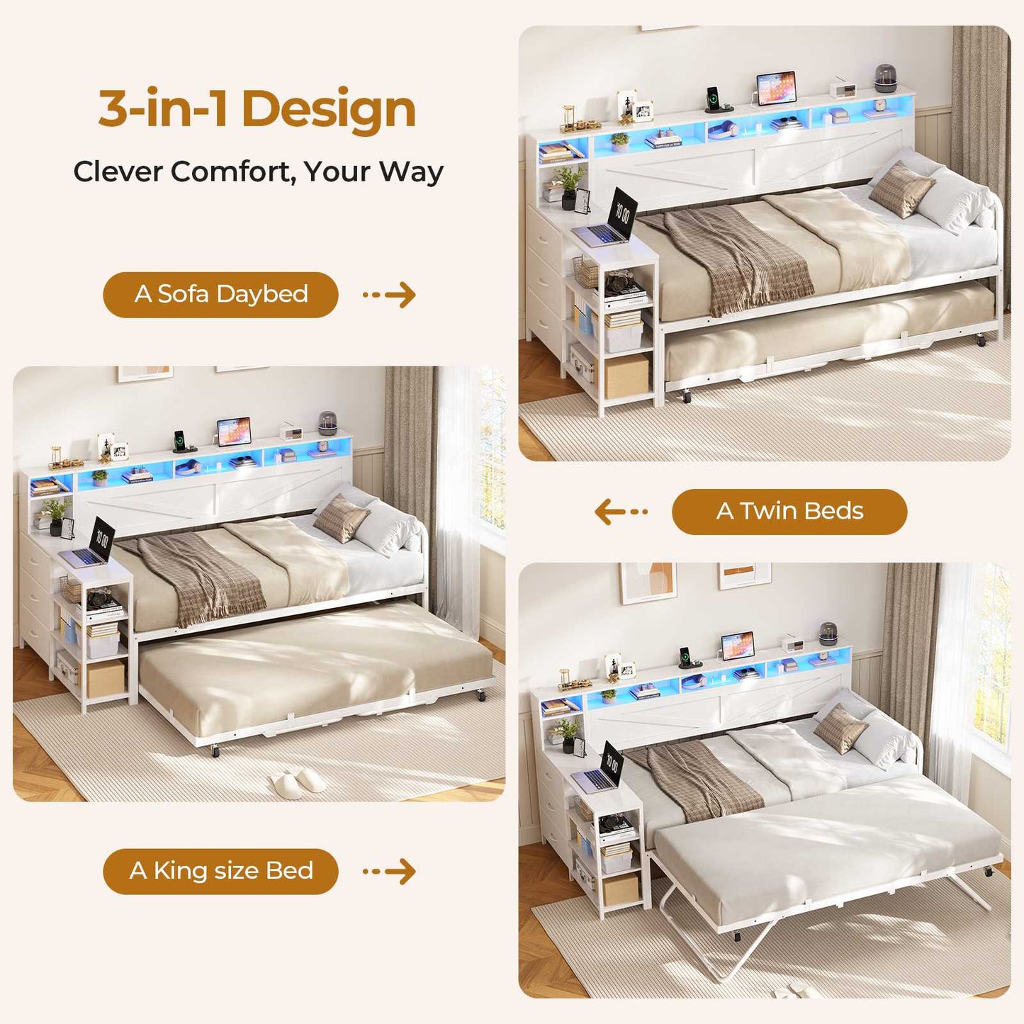 AOGLLATI Daybed with Pop Up Trundle and 3 Storage Drawers Farmhouse Corner Bed Frame with Charging Station LED Lights