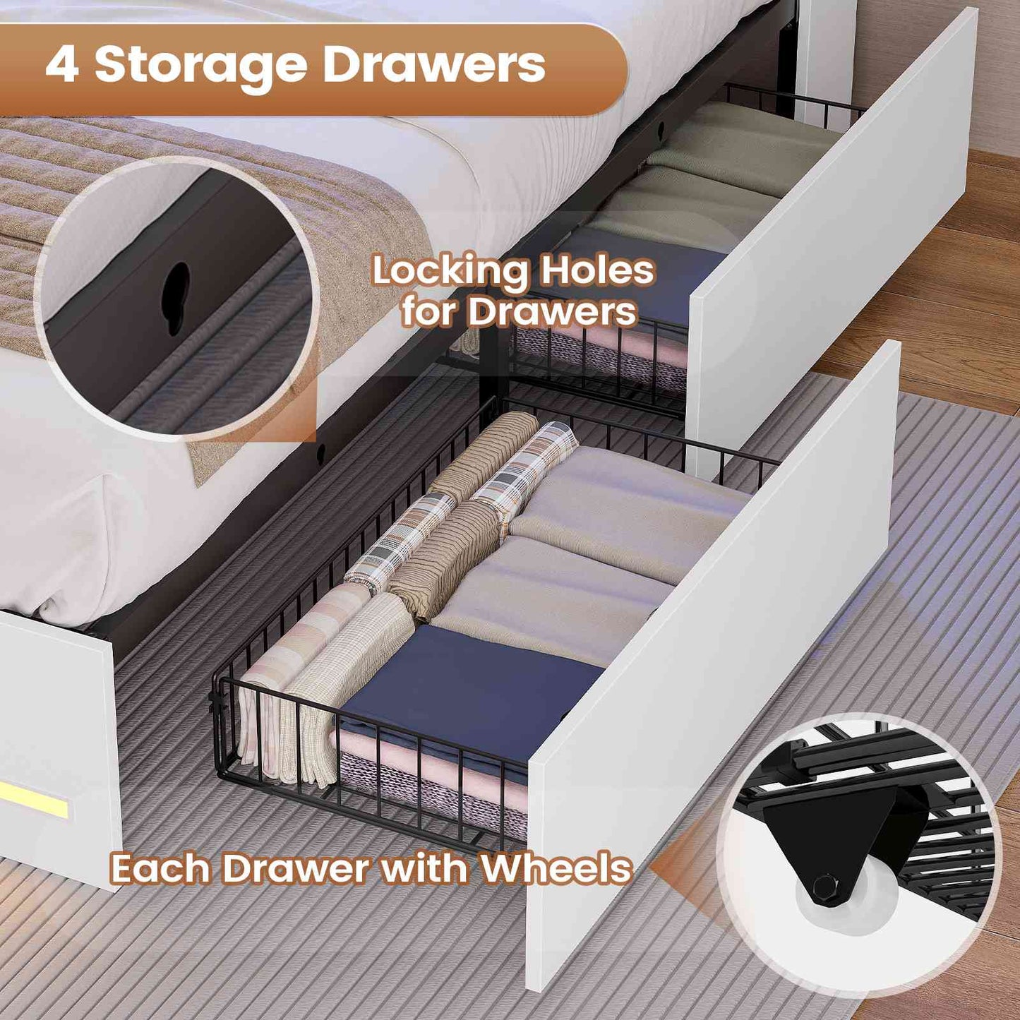 AOGLLATI King Bed Frame with 4 Storage Drawers and Charging Station Bed Frames with Stylish Bookcase Headboard and LED Lights