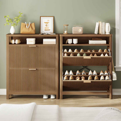 AOGLLATI Shoe Cabinet Storage Narrow Fluted Shoe Rack Cabinet with 2 Flip Drawers Organizer with Open Storage Space