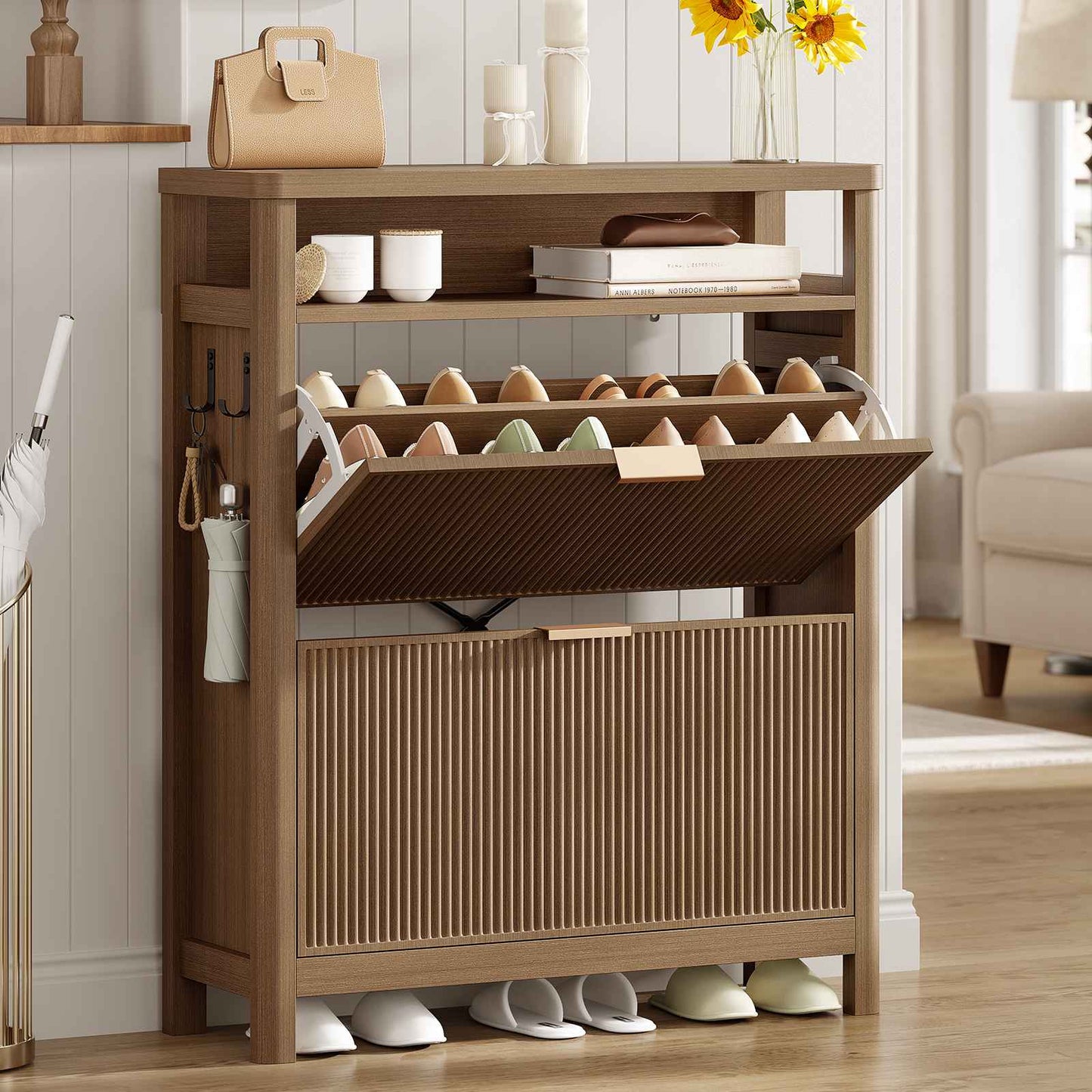 AOGLLATI Shoe Cabinet Storage Narrow Fluted Shoe Rack Cabinet with 2 Flip Drawers Organizer with Open Storage Space