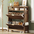 AOGLLATI Shoe Cabinet Storage Narrow Fluted Shoe Rack Cabinet with 2 Flip Drawers Organizer with Open Storage Space