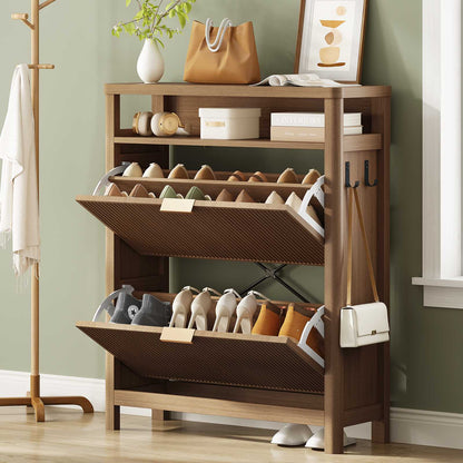 AOGLLATI Shoe Cabinet Storage Narrow Fluted Shoe Rack Cabinet with 2 Flip Drawers Organizer with Open Storage Space