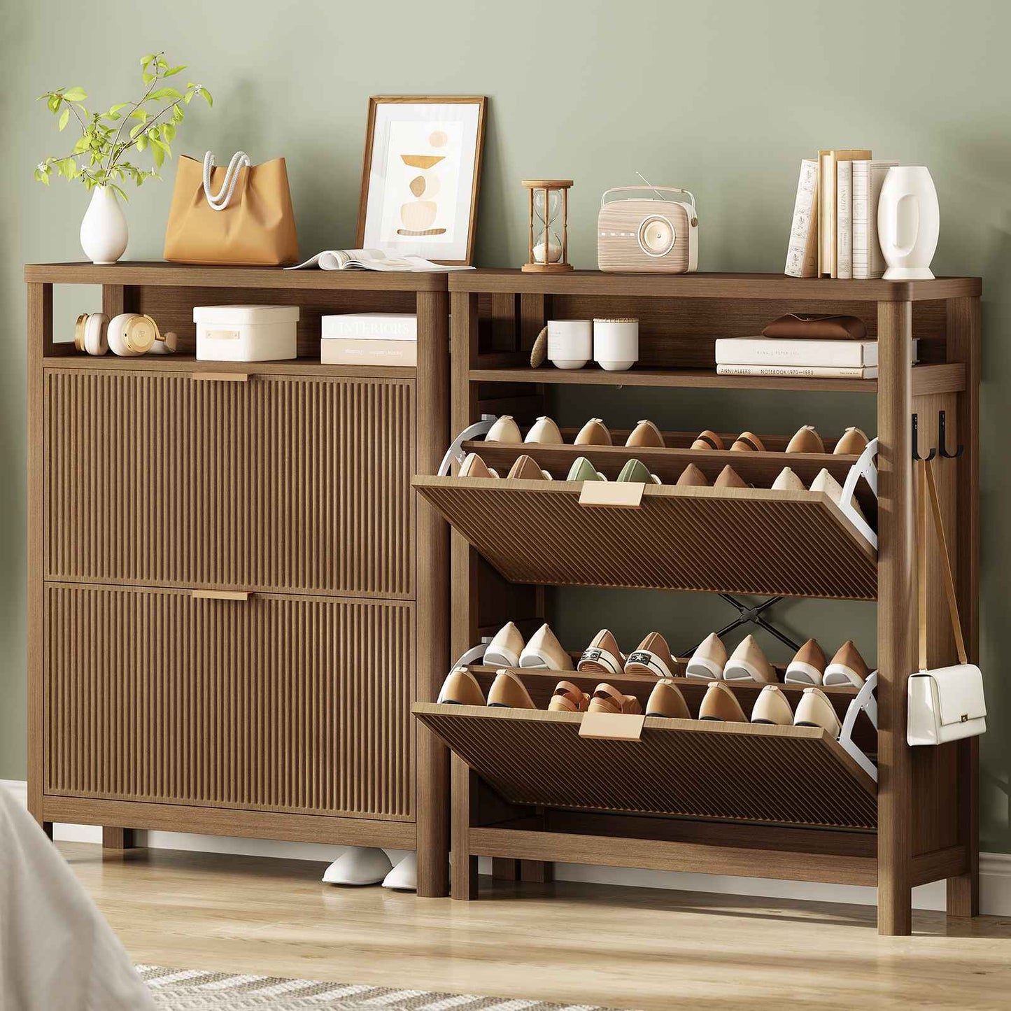 AOGLLATI Shoe Cabinet Storage Narrow Fluted Shoe Rack Cabinet with 2 Flip Drawers Organizer with Open Storage Space