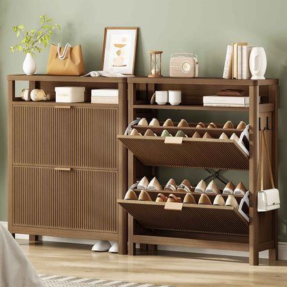 AOGLLATI Shoe Cabinet Storage Narrow Fluted Shoe Rack Cabinet with 2 Flip Drawers Organizer with Open Storage Space