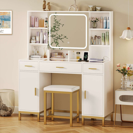 AOGLLATI 45.2" Makeup Vanity Desk with Lights and Mirror White Vanity Set with Charging Station and Hidden Storage Shelves