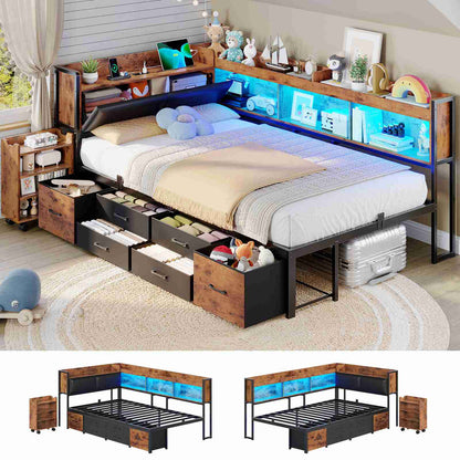 AOGLLATI Twin Corner Bed Frame with Bookcase and Hidden Storage Daybed with Charging Station and Led Lights for Kids Teens