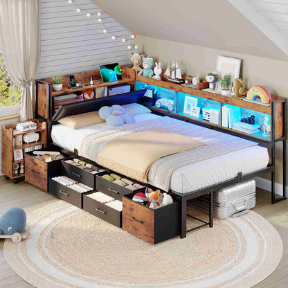 AOGLLATI Twin Corner Bed Frame with Bookcase and Hidden Storage Daybed with Charging Station and Led Lights for Kids Teens