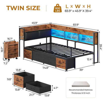 AOGLLATI Twin Corner Bed Frame with Bookcase and Hidden Storage Daybed with Charging Station and Led Lights for Kids Teens