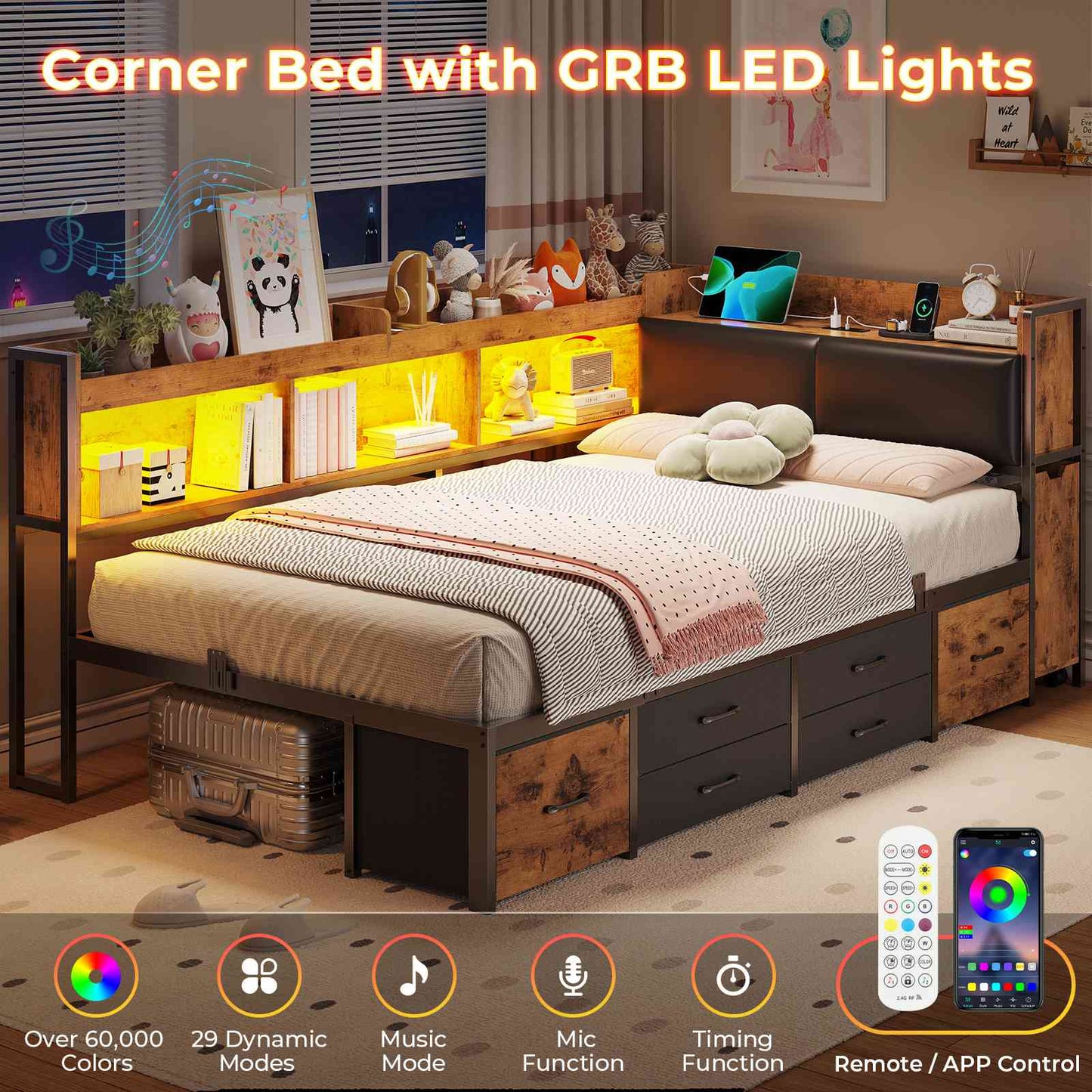 AOGLLATI Twin Corner Bed Frame with Bookcase and Hidden Storage Daybed with Charging Station and Led Lights for Kids Teens