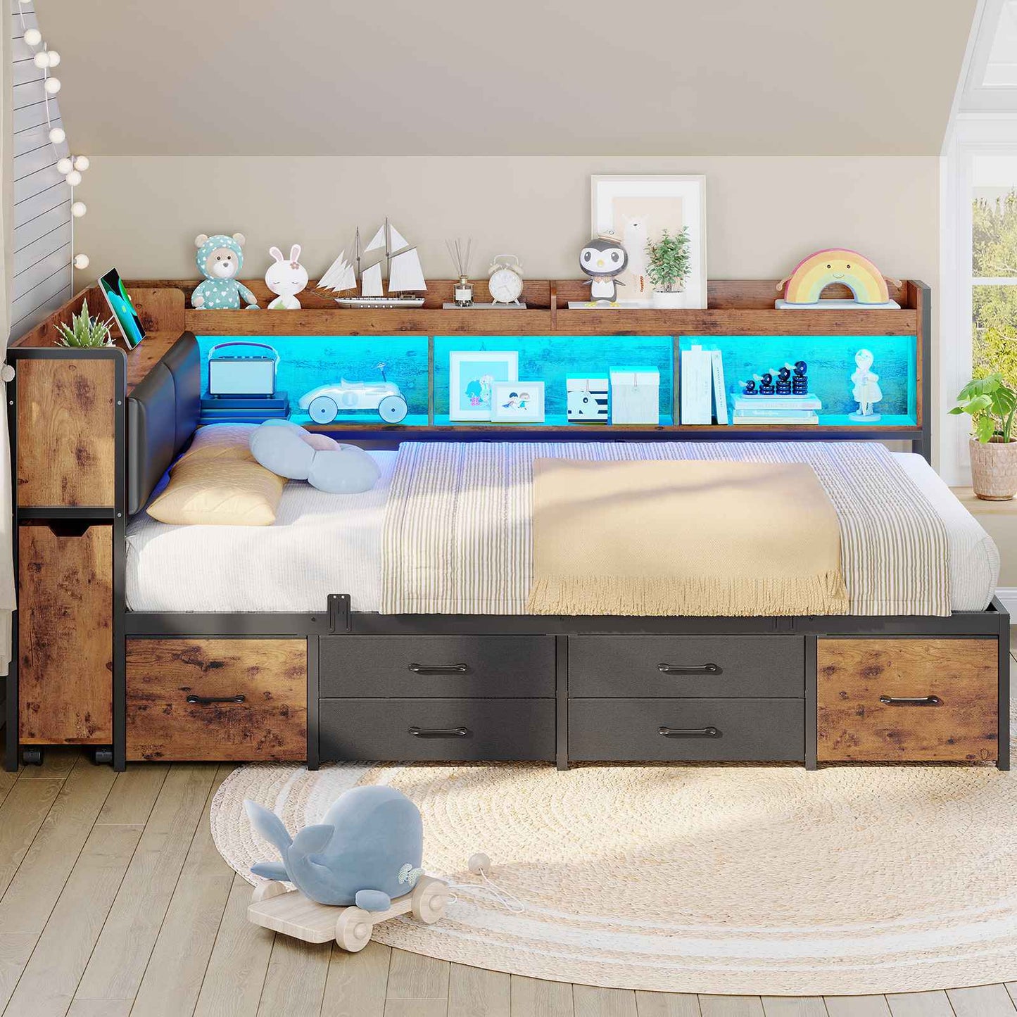 AOGLLATI Twin Corner Bed Frame with Bookcase and Hidden Storage Daybed with Charging Station and Led Lights for Kids Teens