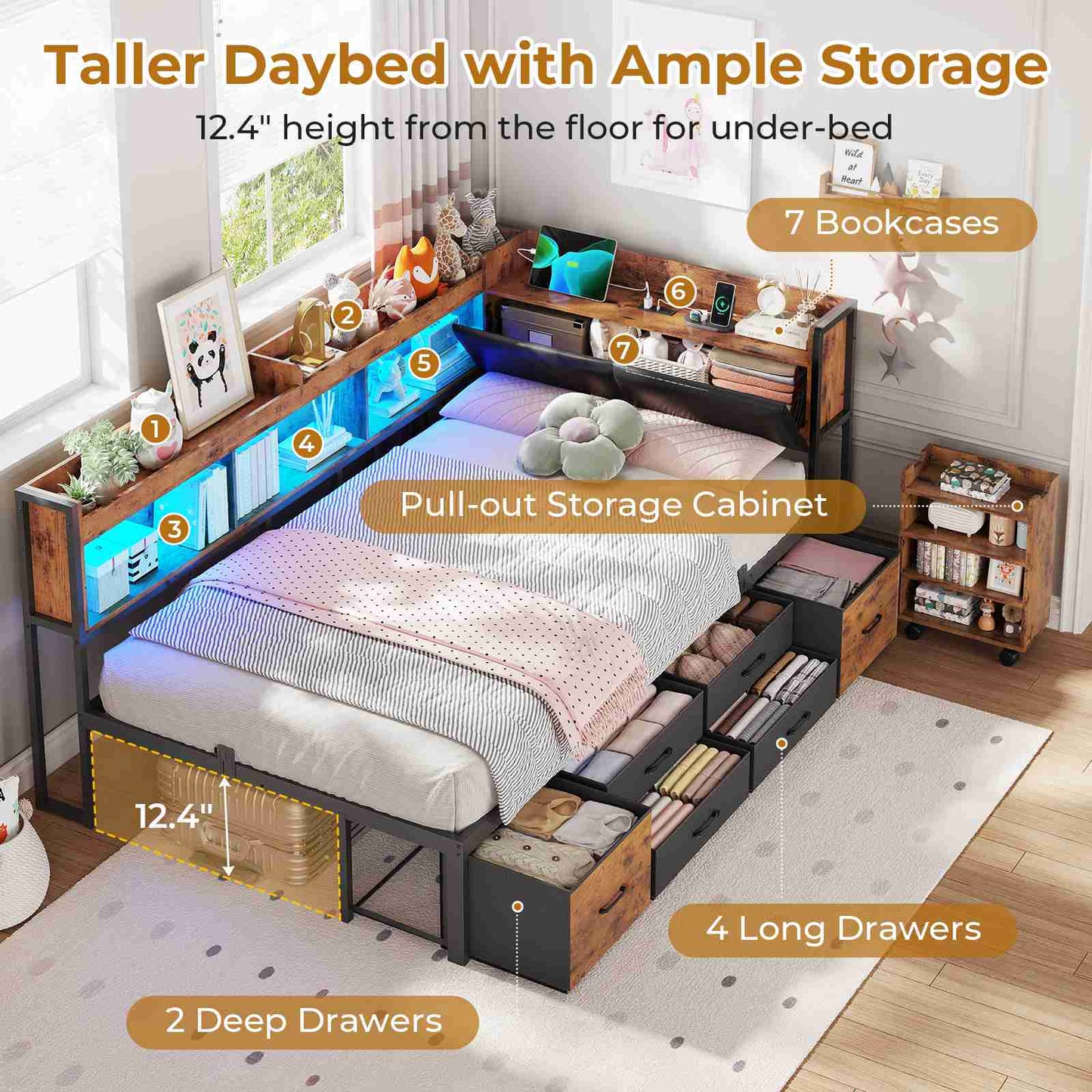 AOGLLATI Twin Corner Bed Frame with Bookcase and Hidden Storage Daybed with Charging Station and Led Lights for Kids Teens