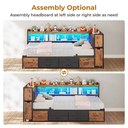 AOGLLATI Twin Corner Bed Frame with Bookcase and Hidden Storage Daybed with Charging Station and Led Lights for Kids Teens