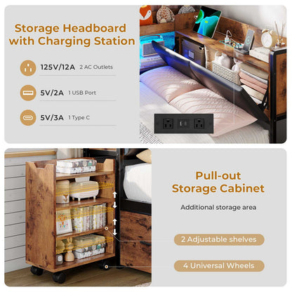 AOGLLATI Twin Corner Bed Frame with Bookcase and Hidden Storage Daybed with Charging Station and Led Lights for Kids Teens