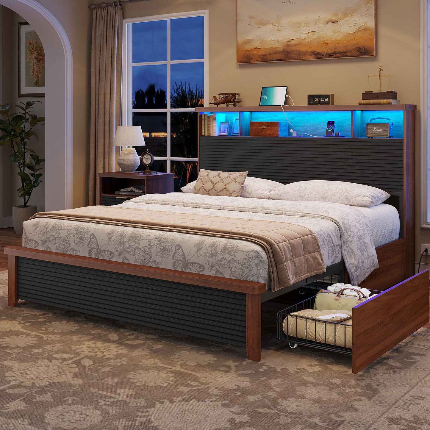 AOGLLATI Full Size Bed Frame with 4 Storage Drawers & 2 Tier Storage Headboard Fluted Led Bed with Charging Station and Metal Slats