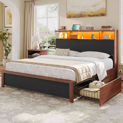 AOGLLATI Full Size Bed Frame with 4 Storage Drawers & 2 Tier Storage Headboard Fluted Led Bed with Charging Station and Metal Slats