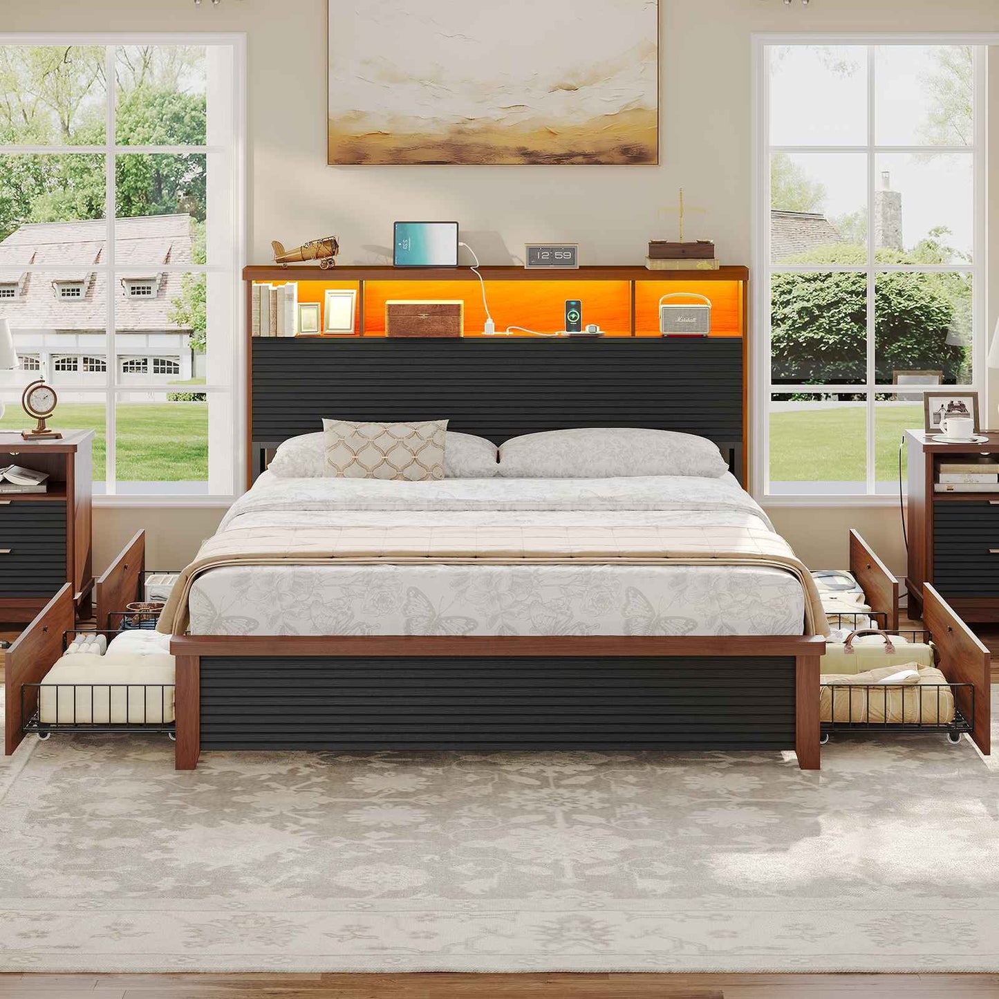 AOGLLATI Full Size Bed Frame with 4 Storage Drawers & 2 Tier Storage Headboard Fluted Led Bed with Charging Station and Metal Slats