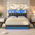 AOGLLATI Queen Size Bed Frame with 4 Storage Drawers and Charging Station LED Lights Bed Frames with Stylish Bookcase Headboard