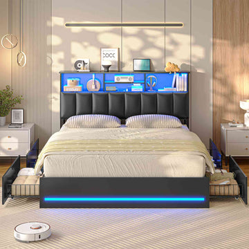 AOGLLATI Full Size Bed Frame with 4 Storage Drawers and Charging Station LED Lights Bed Frames with Stylish Bookcase Headboard